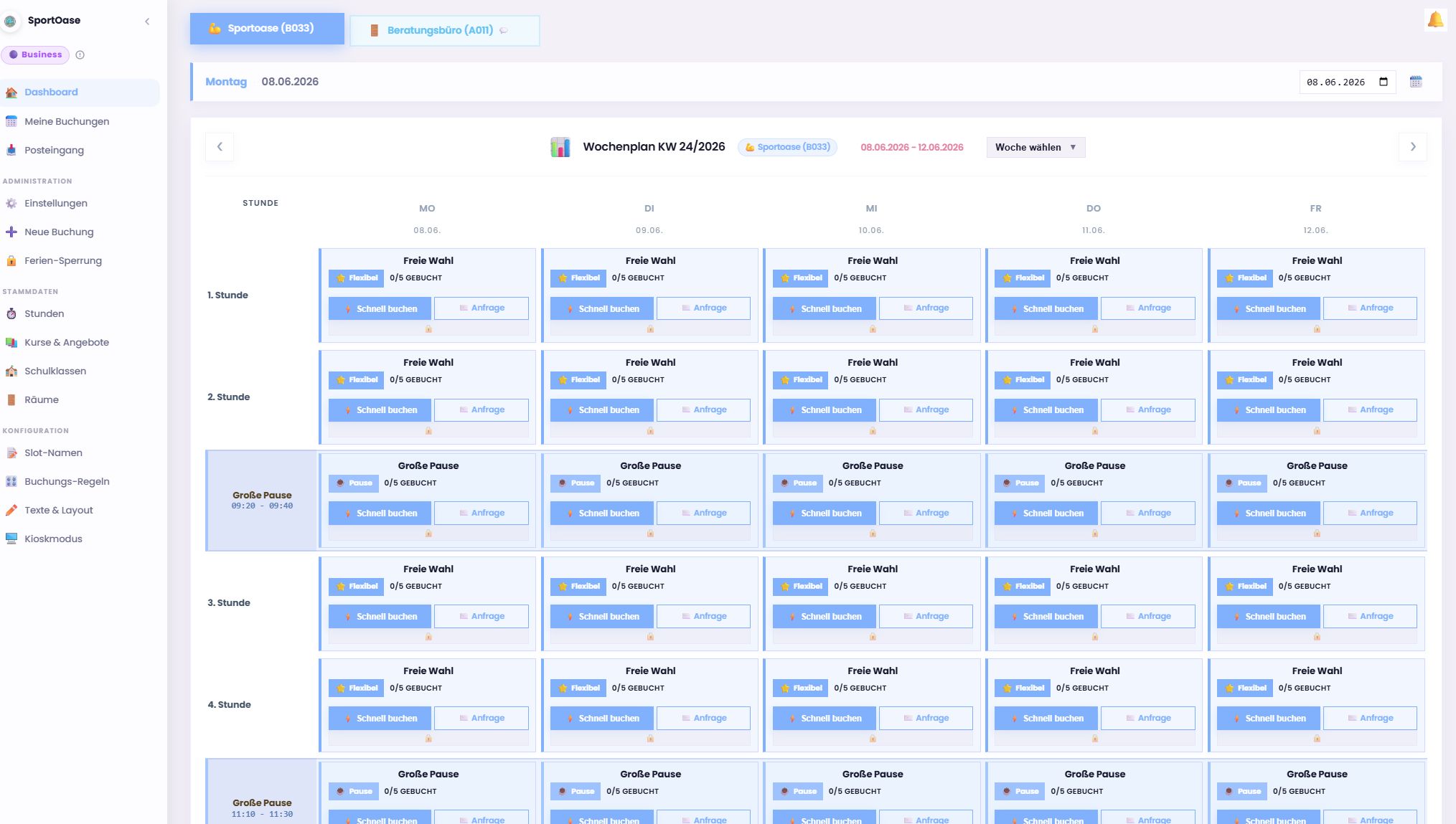 EduSlot Wochenplan-Dashboard zur schnellen Buchung von Räumen und Ressourcen