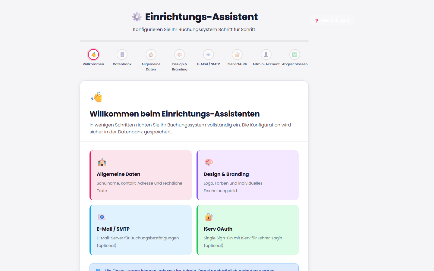EduSlot Einrichtungs-Assistent: geführte Schritte für Stammdaten, Design, E-Mail und IServ